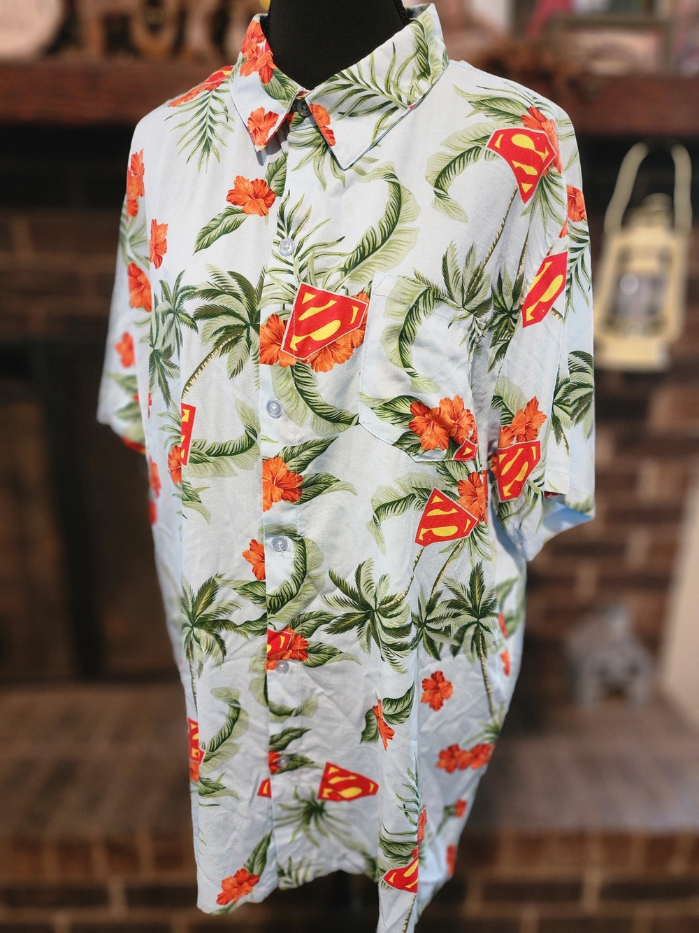 DC Comics Superman Light Blue Floral Button-Down Shirt with Orange Hibiscus
